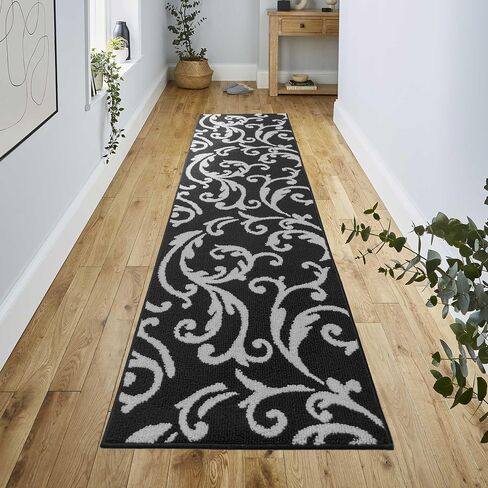 Hallway Runner Rug Non Slip Rubber Backing, 26 inch x 8 ft, Scroll, Black & White, Heavy Duty Berber Style Carpet Runner for Entryway, Kitchen, Bathroom, Bedroom, Laundry Room. in Kuwait