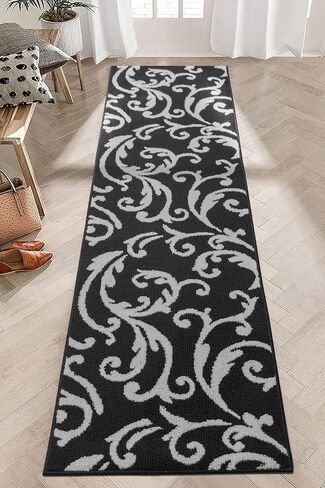 Hallway Runner Rug Non Slip Rubber Backing, 26 inch x 8 ft, Scroll, Black & White, Heavy Duty Berber Style Carpet Runner for Entryway, Kitchen, Bathroom, Bedroom, Laundry Room. in Kuwait