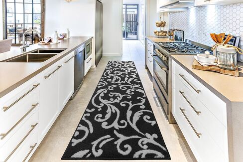 Hallway Runner Rug Non Slip Rubber Backing, 26 inch x 8 ft, Scroll, Black & White, Heavy Duty Berber Style Carpet Runner for Entryway, Kitchen, Bathroom, Bedroom, Laundry Room. in Kuwait