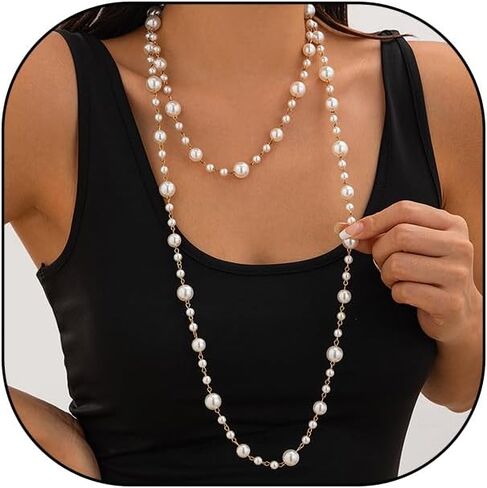 Long Pearl Necklaces for Women Trendy Pearl Chain Long Pearl Necklace Layered Pearl Statement Necklace Sweater Strand Chain Jewelry in Saudi Arabia