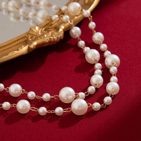 Long Pearl Necklaces for Women Trendy Pearl Chain Long Pearl Necklace Layered Pearl Statement Necklace Sweater Strand Chain Jewelry in Saudi Arabia