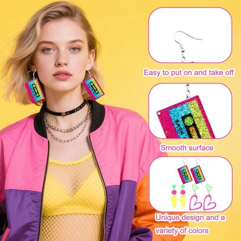 3 أزواج من أقراط نيون 80s 90s للنساء، شريط قلب أكريليك قديم وأقراط نيون متدلية هندسية لامعة لإكسسوارات حفلات ديسكو 80s 90s مجوهرات الحفلات المتوهجة in Saudi Arabia