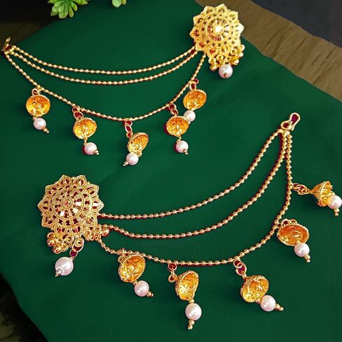 Efulgenz Indian Bollywood Jewelry 14K Gold Plated Dangling Earring with Layered Jhumka Tassels Ear Support Chain Hair Accessory gold in Saudi Arabia