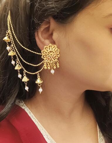 Efulgenz Indian Bollywood Jewelry 14K Gold Plated Dangling Earring with Layered Jhumka Tassels Ear Support Chain Hair Accessory gold in Saudi Arabia