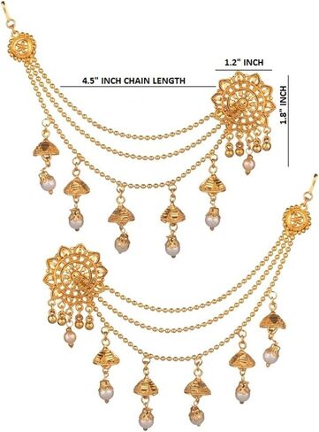Efulgenz Indian Bollywood Jewelry 14K Gold Plated Dangling Earring with Layered Jhumka Tassels Ear Support Chain Hair Accessory gold in Saudi Arabia