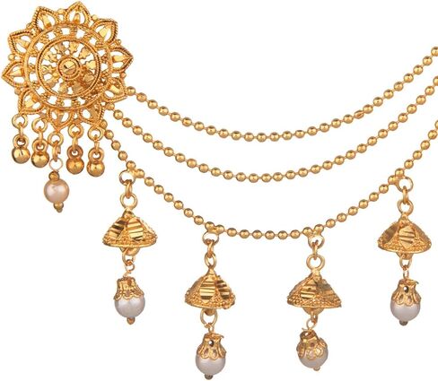 Efulgenz Indian Bollywood Jewelry 14K Gold Plated Dangling Earring with Layered Jhumka Tassels Ear Support Chain Hair Accessory gold in Saudi Arabia