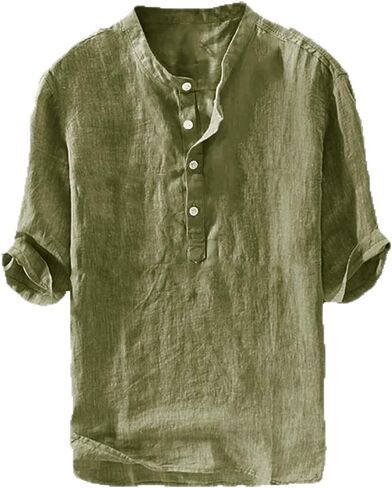Mens Linen Shirts Henley 3/4 Sleeve Casual Cotton T-Shirt Regular-Fit Lightweight Beach Yoga Tunic Tops Army Green in Saudi Arabia