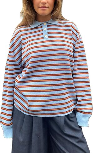 Y2k Striped Rugby Shirt for Women Long Sleeve Collared V Neck Preppy Polo Sweatshirt Casual Oversized Pullover Tops in Saudi Arabia