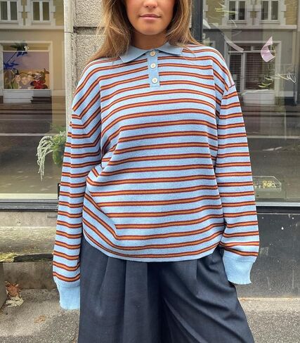 Y2k Striped Rugby Shirt for Women Long Sleeve Collared V Neck Preppy Polo Sweatshirt Casual Oversized Pullover Tops in Saudi Arabia