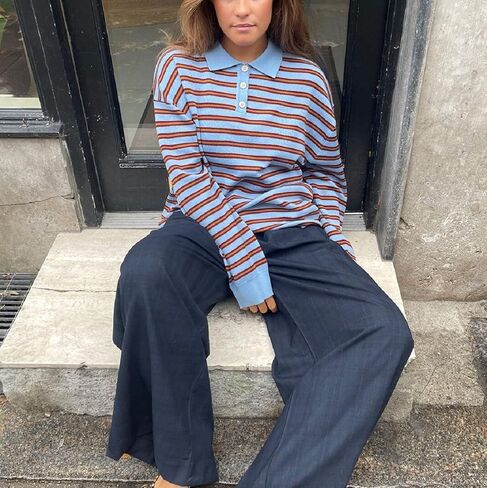Y2k Striped Rugby Shirt for Women Long Sleeve Collared V Neck Preppy Polo Sweatshirt Casual Oversized Pullover Tops in Saudi Arabia