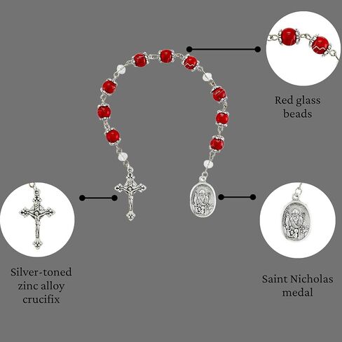 Needzo Saint Nicholas Red and Silver-Toned Rosary with Chaplet Pocket Prayer Card, Catholic Christmas Gift Set, 9.75 Inches in Saudi Arabia