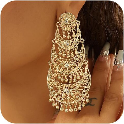 الذهب Jhumkas الهندي الأقراط للنساء خمر الهندي بوليوود الثريا الأقراط التقليدية القبلية العرقية Jhumka الأذن خواتم فستان هندي ملابس الزفاف حفلة موسيقية مجوهرات اكسسوارات in Kuwait