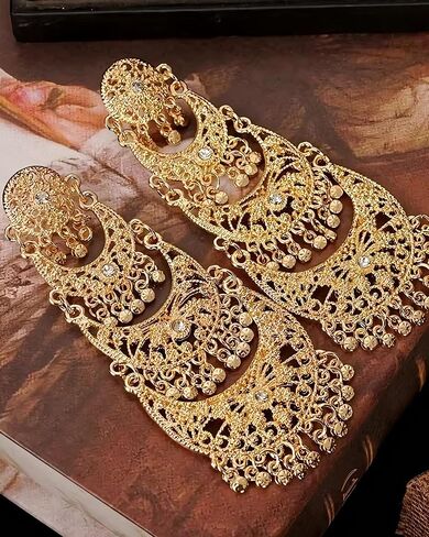 الذهب Jhumkas الهندي الأقراط للنساء خمر الهندي بوليوود الثريا الأقراط التقليدية القبلية العرقية Jhumka الأذن خواتم فستان هندي ملابس الزفاف حفلة موسيقية مجوهرات اكسسوارات in Kuwait