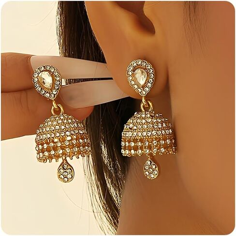 الذهب Jhumkas الهندي الأقراط للنساء خمر الهندي بوليوود الثريا الأقراط التقليدية القبلية العرقية Jhumka الأذن خواتم فستان هندي ملابس الزفاف حفلة موسيقية مجوهرات اكسسوارات in Kuwait