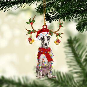 Talataca Whippet Wearing Christmas Hat Reindeer with String Lights Dog 2D Flat Car Rear View Mirror Accessories Christmas Tree Ornament Decoration Hanging Charm Interior Rearview Pendant Decor Gift in Saudi Arabia