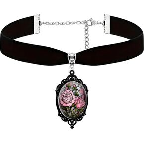 Dreuyet Rose Cameo Velvet Choker Necklace for Women Gothic Vintage Crystal Glass Red Rose Pendant Necklaces Black Goth Mystic Victorian Flower Collar Necklace Punk Style Halloween Costume Jewelry in Saudi Arabia