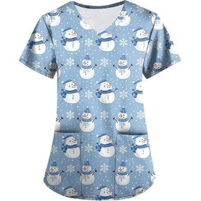 Christmas Scrubs Tops for Women Plus Size Stretchy Short Sleeve V Neck Snowman Printed Nurse Scrub Medical Uniform in Saudi Arabia