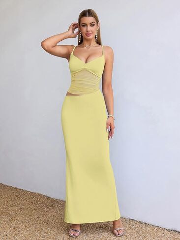 EYNMIN Women's V Neck Bodycon Maxi Dress Spaghetti Strap Cut Out Slit Long Formal Cocktail Party Wedding Guest Dresses in Saudi Arabia