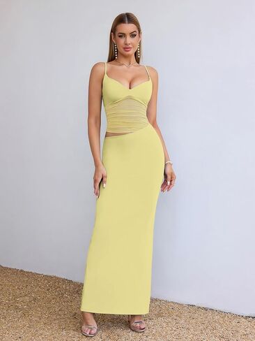 EYNMIN Women's V Neck Bodycon Maxi Dress Spaghetti Strap Cut Out Slit Long Formal Cocktail Party Wedding Guest Dresses in Saudi Arabia
