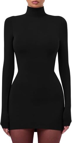 LAGSHIAN Women's Sexy Basic High Neck Long Sleeve Bodycon Club Party Mini Dress in Saudi Arabia