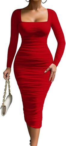 LAGSHIAN Women's Cocktail Bodycon Long Sleeve Square Neck Mesh Ruched Club Party Midi Dress in Saudi Arabia