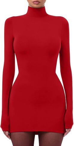 LAGSHIAN Women's Sexy Basic High Neck Long Sleeve Bodycon Club Party Mini Dress in Saudi Arabia