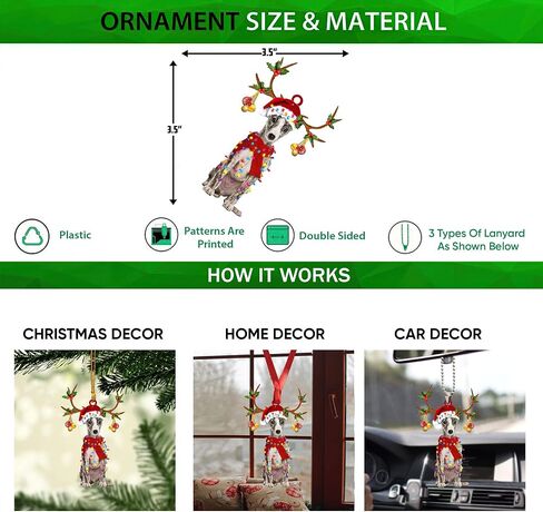 Talataca Whippet Wearing Christmas Hat Reindeer with String Lights Dog 2D Flat Car Rear View Mirror Accessories Christmas Tree Ornament Decoration Hanging Charm Interior Rearview Pendant Decor Gift in Saudi Arabia