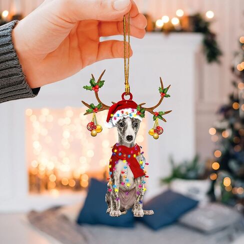 Talataca Whippet Wearing Christmas Hat Reindeer with String Lights Dog 2D Flat Car Rear View Mirror Accessories Christmas Tree Ornament Decoration Hanging Charm Interior Rearview Pendant Decor Gift in Saudi Arabia
