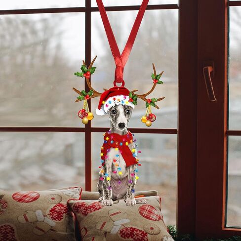 Talataca Whippet Wearing Christmas Hat Reindeer with String Lights Dog 2D Flat Car Rear View Mirror Accessories Christmas Tree Ornament Decoration Hanging Charm Interior Rearview Pendant Decor Gift in Saudi Arabia