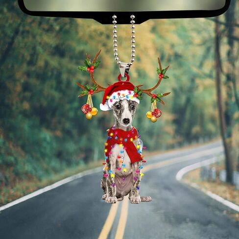 Talataca Whippet Wearing Christmas Hat Reindeer with String Lights Dog 2D Flat Car Rear View Mirror Accessories Christmas Tree Ornament Decoration Hanging Charm Interior Rearview Pendant Decor Gift in Saudi Arabia