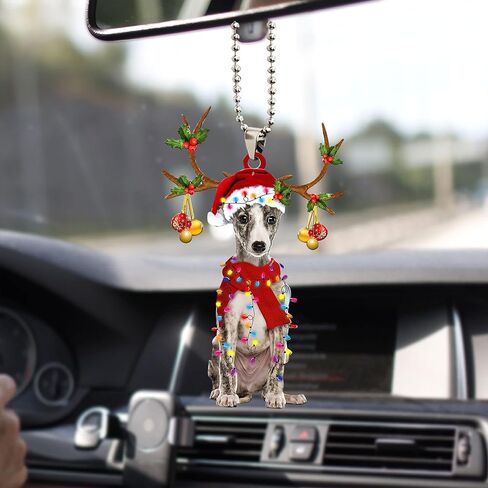 Talataca Whippet Wearing Christmas Hat Reindeer with String Lights Dog 2D Flat Car Rear View Mirror Accessories Christmas Tree Ornament Decoration Hanging Charm Interior Rearview Pendant Decor Gift in Saudi Arabia