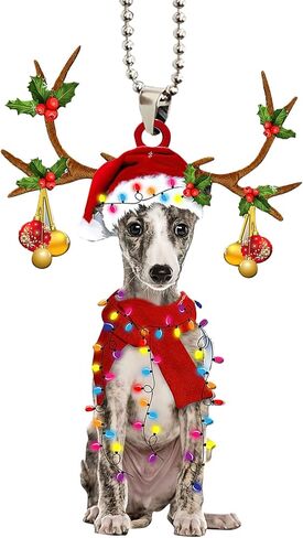 Talataca Whippet Wearing Christmas Hat Reindeer with String Lights Dog 2D Flat Car Rear View Mirror Accessories Christmas Tree Ornament Decoration Hanging Charm Interior Rearview Pendant Decor Gift in Saudi Arabia