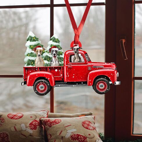 Talataca Whippet Wearing Christmas Hat Reindeer with String Lights Dog 2D Flat Car Rear View Mirror Accessories Christmas Tree Ornament Decoration Hanging Charm Interior Rearview Pendant Decor Gift in Saudi Arabia