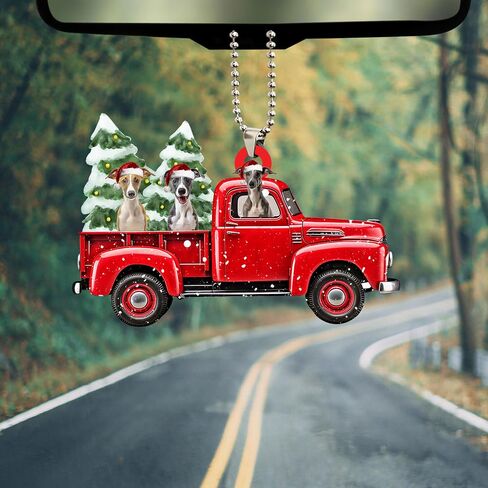 Talataca Whippet Wearing Christmas Hat Reindeer with String Lights Dog 2D Flat Car Rear View Mirror Accessories Christmas Tree Ornament Decoration Hanging Charm Interior Rearview Pendant Decor Gift in Saudi Arabia