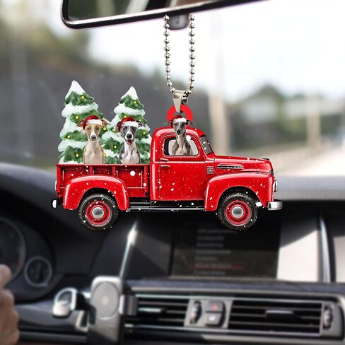 Talataca Whippet Wearing Christmas Hat Reindeer with String Lights Dog 2D Flat Car Rear View Mirror Accessories Christmas Tree Ornament Decoration Hanging Charm Interior Rearview Pendant Decor Gift in Saudi Arabia