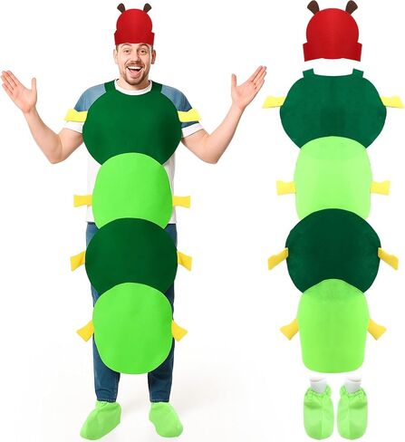 زي Soulchen Caterpillar للبالغين، أزياء كاتربيلر الهالوين مع أغطية أحذية بغطاء للرأس، مقاس واحد بذلة حشرة خضراء للنساء والرجال في الهالوين التنكرية ليوم الكتاب العالمي وحفلات التنكرية in Saudi Arabia