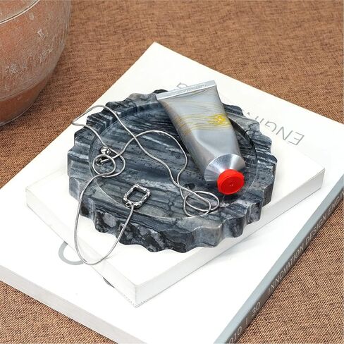 صينية صغيرة بحافة صدفية مقاس 5.5 بوصة، حامل مجوهرات من الحجر الطبيعي المنحوت يدويًا، صينية زينة من الحجر الجيري والرخام للخواتم أو الشموع أو المفاتيح (الحجر الجيري) in Kuwait