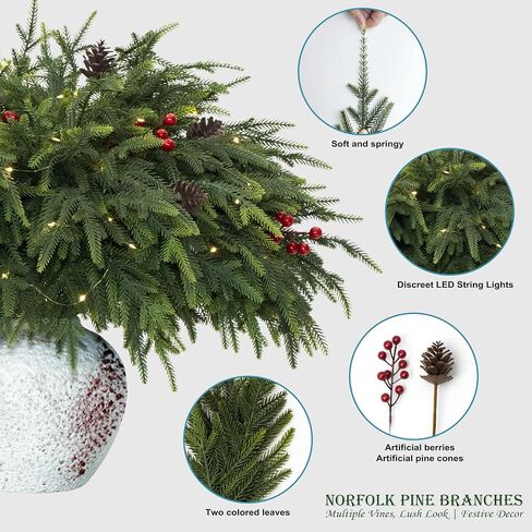 20-Piece Set 24" Artificial Norfolk Pine Branches - Christmas Decorations - Faux Christmas Greenary - Faux Norfolk Pine Stems for DIY Crafts Garland Wreath Home Decor- Free LED String Lights in Saudi Arabia