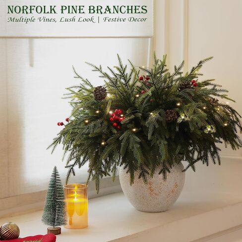 20-Piece Set 24" Artificial Norfolk Pine Branches - Christmas Decorations - Faux Christmas Greenary - Faux Norfolk Pine Stems for DIY Crafts Garland Wreath Home Decor- Free LED String Lights in Saudi Arabia