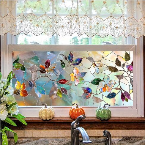 Floral Privacy Window Film 39.3×17.7 Inchs Rainbow Window Film PVC Stained Glass Sticker Static for Glass Door Home and Office Bedrooms Home Decorations Anti-UV Sun in Saudi Arabia