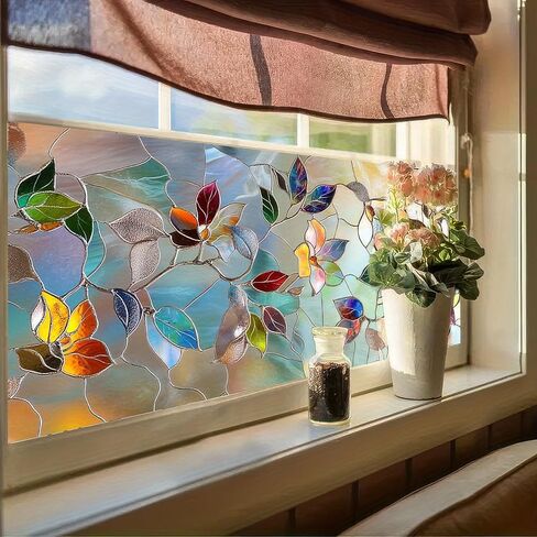 Floral Privacy Window Film 39.3×17.7 Inchs Rainbow Window Film PVC Stained Glass Sticker Static for Glass Door Home and Office Bedrooms Home Decorations Anti-UV Sun in Saudi Arabia