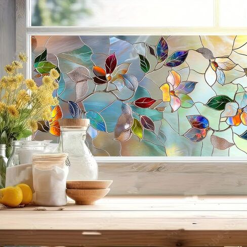 Floral Privacy Window Film 39.3×17.7 Inchs Rainbow Window Film PVC Stained Glass Sticker Static for Glass Door Home and Office Bedrooms Home Decorations Anti-UV Sun in Saudi Arabia
