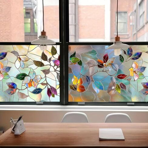 Floral Privacy Window Film 39.3×17.7 Inchs Rainbow Window Film PVC Stained Glass Sticker Static for Glass Door Home and Office Bedrooms Home Decorations Anti-UV Sun in Saudi Arabia
