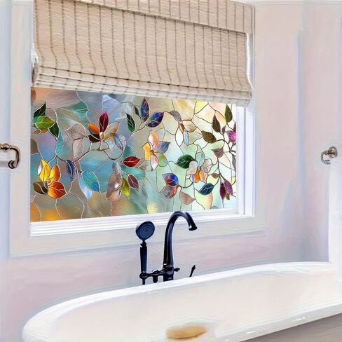 Floral Privacy Window Film 39.3×17.7 Inchs Rainbow Window Film PVC Stained Glass Sticker Static for Glass Door Home and Office Bedrooms Home Decorations Anti-UV Sun in Saudi Arabia