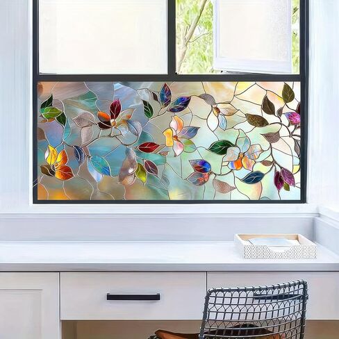 Floral Privacy Window Film 39.3×17.7 Inchs Rainbow Window Film PVC Stained Glass Sticker Static for Glass Door Home and Office Bedrooms Home Decorations Anti-UV Sun in Saudi Arabia