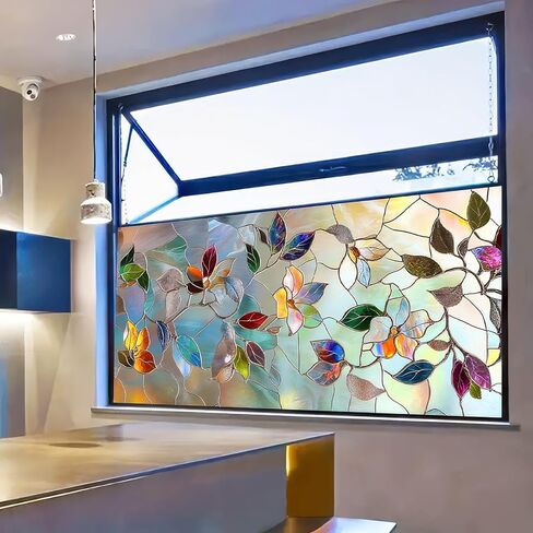Floral Privacy Window Film 39.3×17.7 Inchs Rainbow Window Film PVC Stained Glass Sticker Static for Glass Door Home and Office Bedrooms Home Decorations Anti-UV Sun in Saudi Arabia