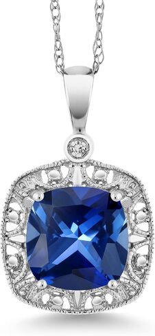 Gem Stone King 10K White Gold Blue Created Sapphire and Diamond Accent Pendant Necklace For Women | 2.50 Cttw | Cushion 8MM | With 18 Inch Chain in Saudi Arabia