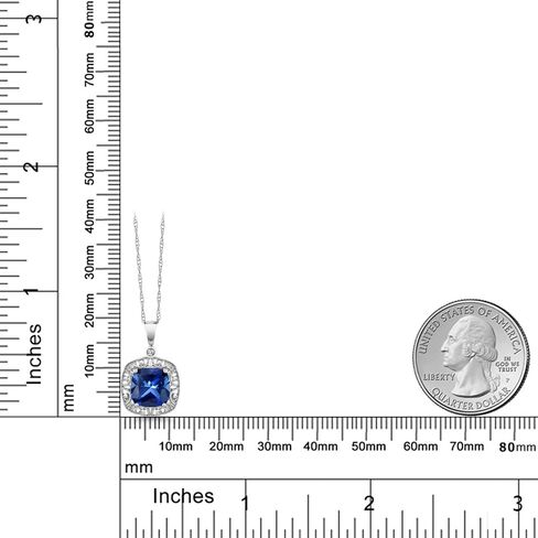 Gem Stone King 10K White Gold Blue Created Sapphire and Diamond Accent Pendant Necklace For Women | 2.50 Cttw | Cushion 8MM | With 18 Inch Chain in Saudi Arabia