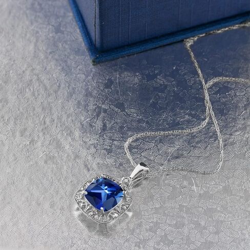 Gem Stone King 10K White Gold Blue Created Sapphire and Diamond Accent Pendant Necklace For Women | 2.50 Cttw | Cushion 8MM | With 18 Inch Chain in Saudi Arabia