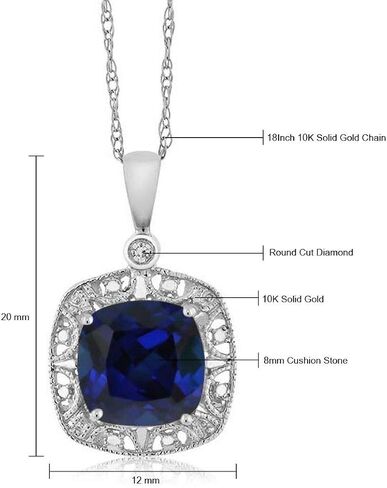 Gem Stone King 10K White Gold Blue Created Sapphire and Diamond Accent Pendant Necklace For Women | 2.50 Cttw | Cushion 8MM | With 18 Inch Chain in Saudi Arabia